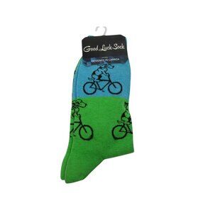 Good Luck Fashion Dogs on Bicycles Adult Crew Fun Socks Size 7-12 Blue & Green